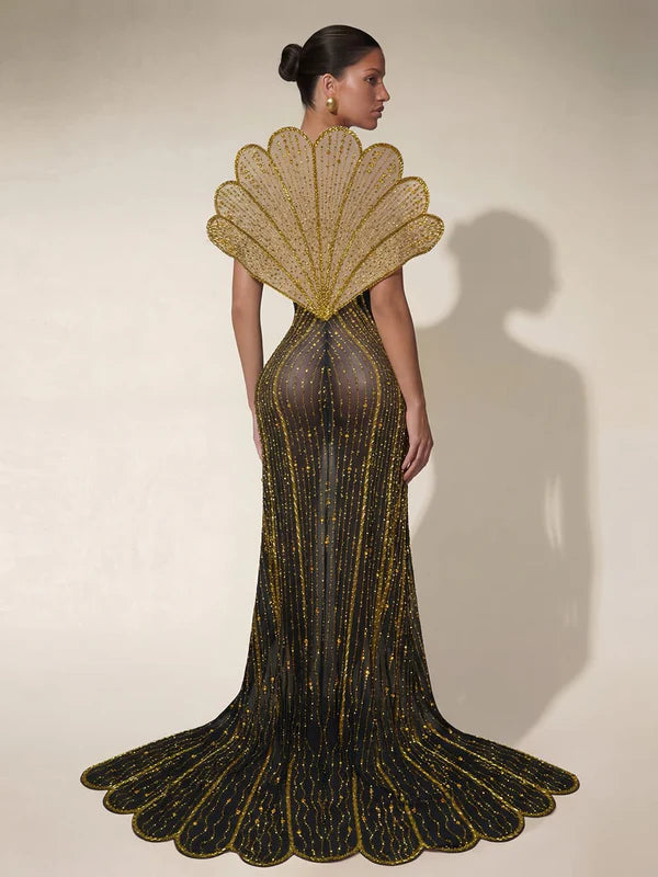 Rhinestone Mesh Split Maxi Dress