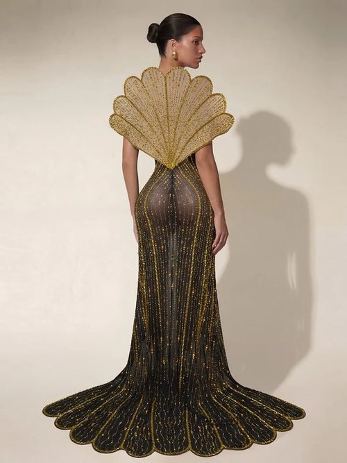 Rhinestone Mesh Split Maxi Dress